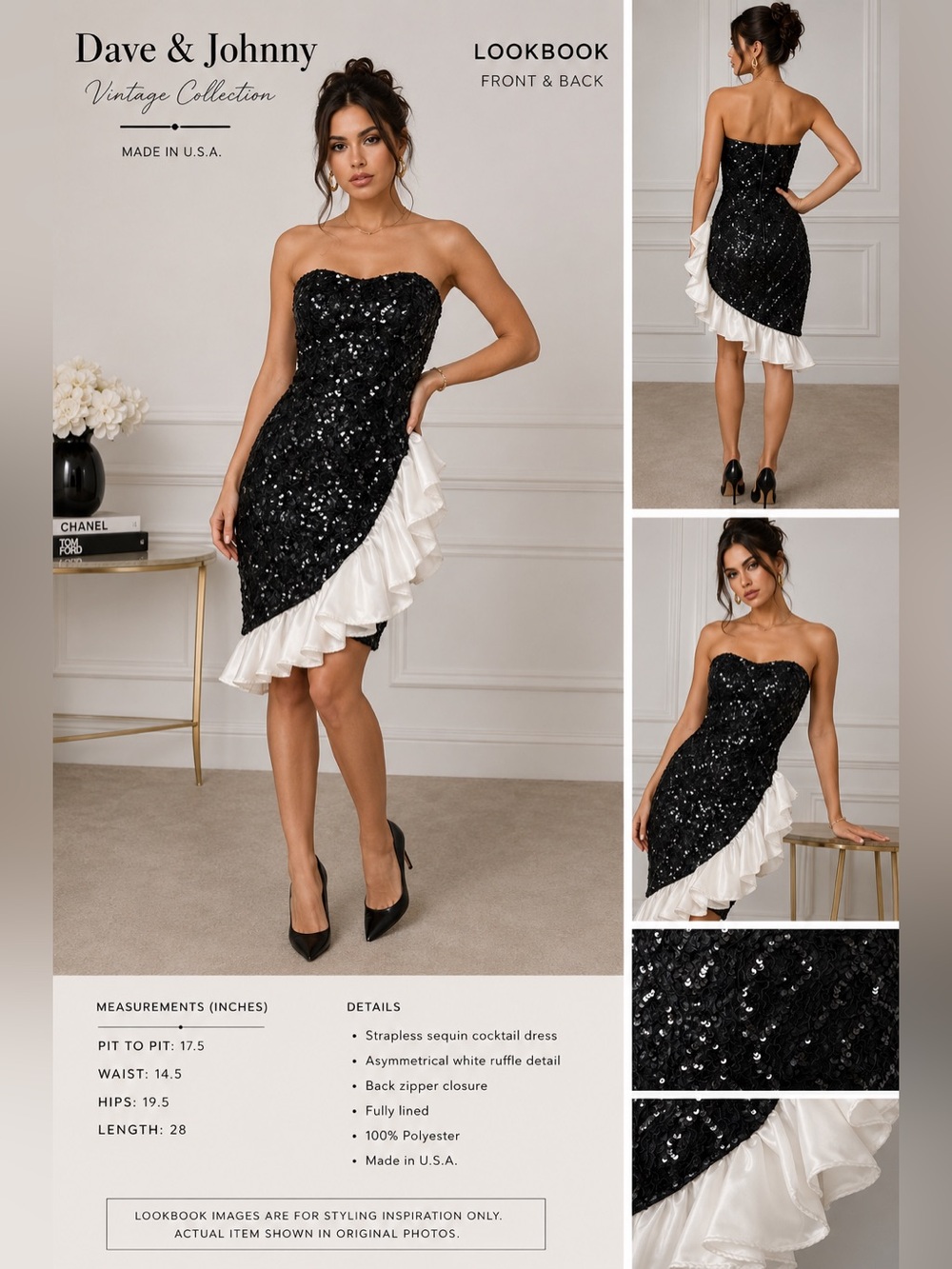 Vintage Dave & Johnny Black Sequin Strapless Cocktail Dress 9/10 ✨